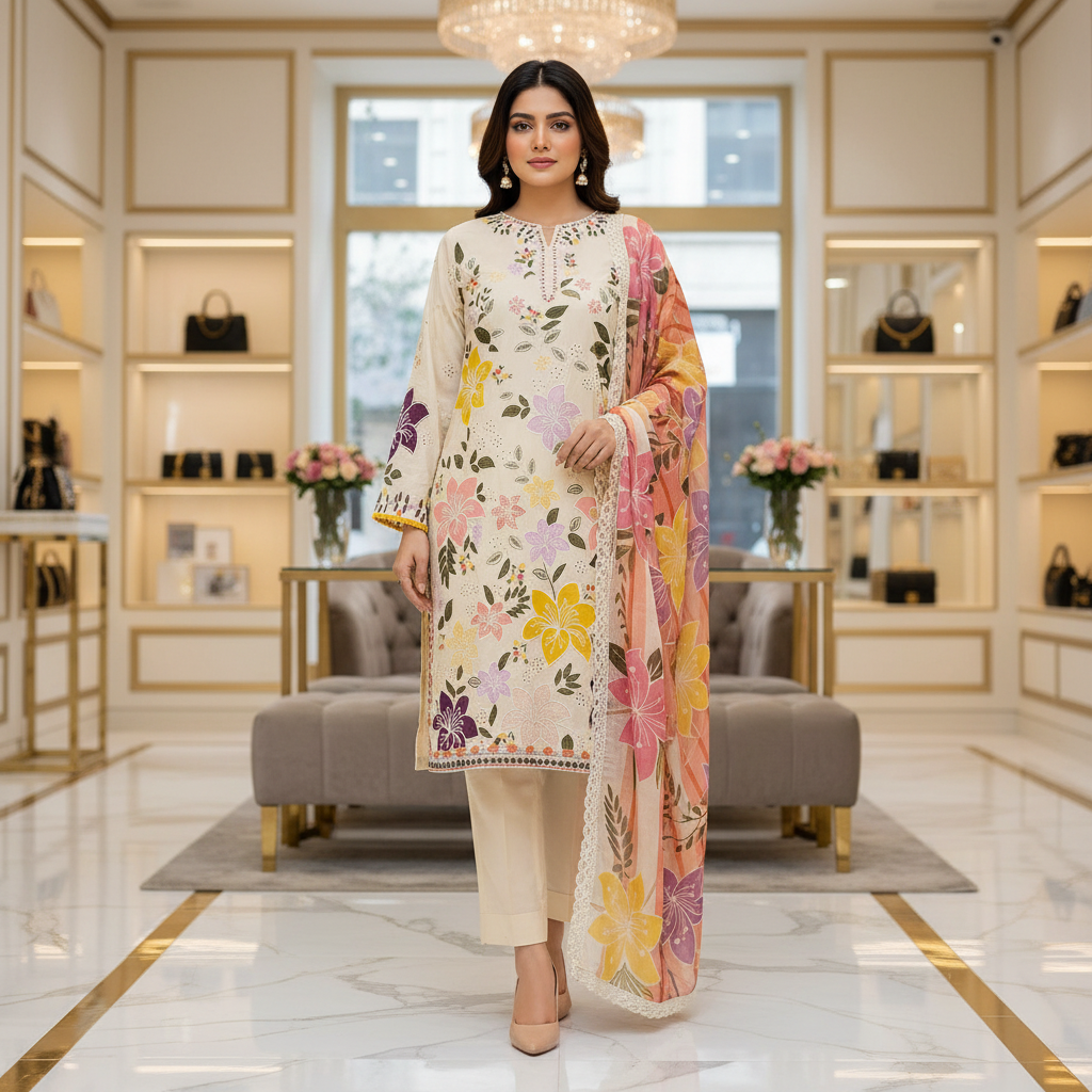 ALS Amani | Premium Ivory Cotton Shalwar Kameez | Botanical Schiffli Embroidery | Chiffon Dupatta