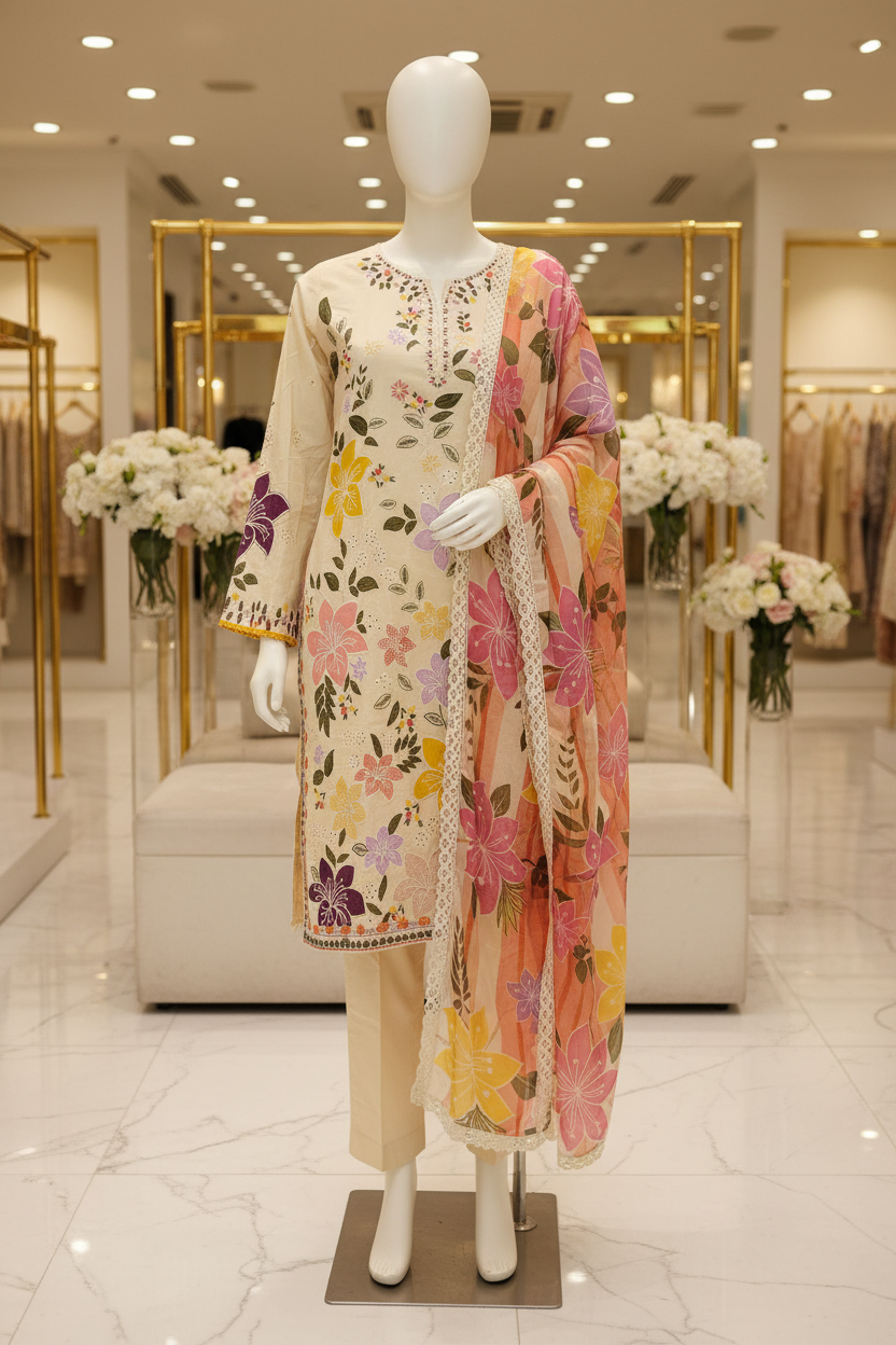 ALS Amani | Premium Ivory Cotton Shalwar Kameez | Botanical Schiffli Embroidery | Chiffon Dupatta