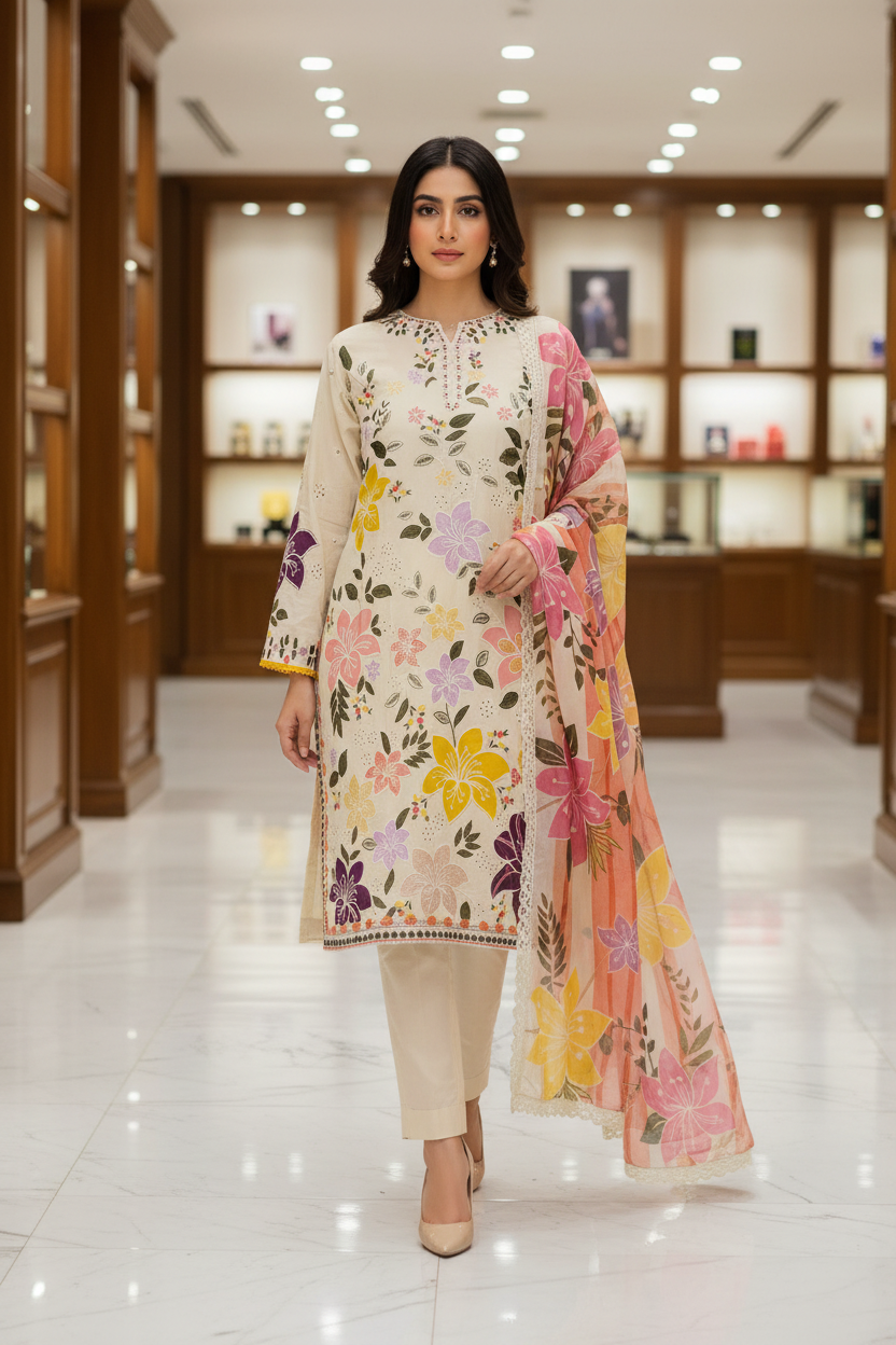 ALS Amani | Premium Ivory Cotton Shalwar Kameez | Botanical Schiffli Embroidery | Chiffon Dupatta