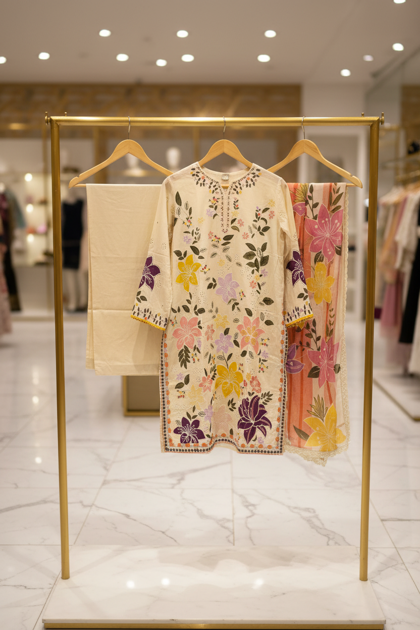 ALS Amani | Premium Ivory Cotton Shalwar Kameez | Botanical Schiffli Embroidery | Chiffon Dupatta