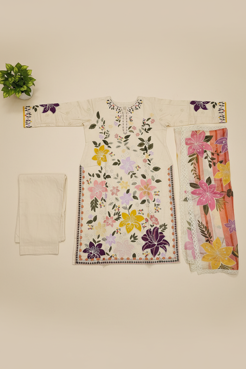 ALS Amani | Premium Ivory Cotton Shalwar Kameez | Botanical Schiffli Embroidery | Chiffon Dupatta