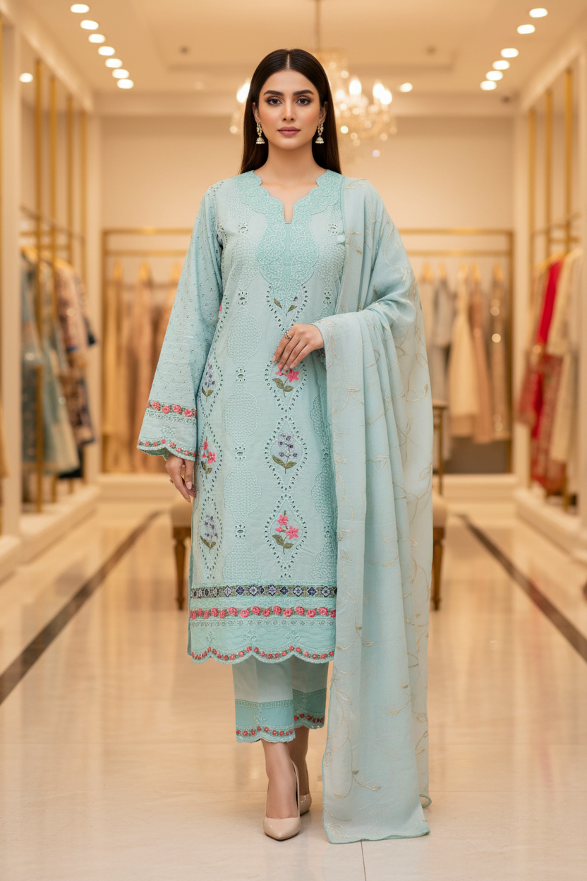 MB Zaraan | Luxury Pakistani Linen Embroidered Shalwar Kameez | Charcoal Grey, Smoky Indigo & Pastel Aqua Green | Schiffli Embroidery & Laser-Cut Craftsmanship | Elegant Occasion Wear