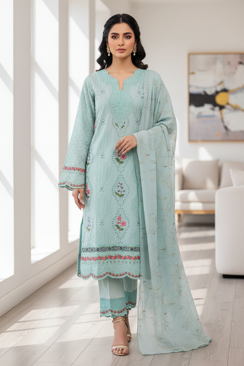 MB Zaraan | Luxury Pakistani Linen Embroidered Shalwar Kameez | Charcoal Grey, Smoky Indigo & Pastel Aqua Green | Schiffli Embroidery & Laser-Cut Craftsmanship | Elegant Occasion Wear