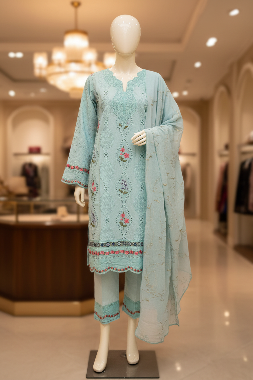 MB Zaraan | Luxury Pakistani Linen Embroidered Shalwar Kameez | Charcoal Grey, Smoky Indigo & Pastel Aqua Green | Schiffli Embroidery & Laser-Cut Craftsmanship | Elegant Occasion Wear