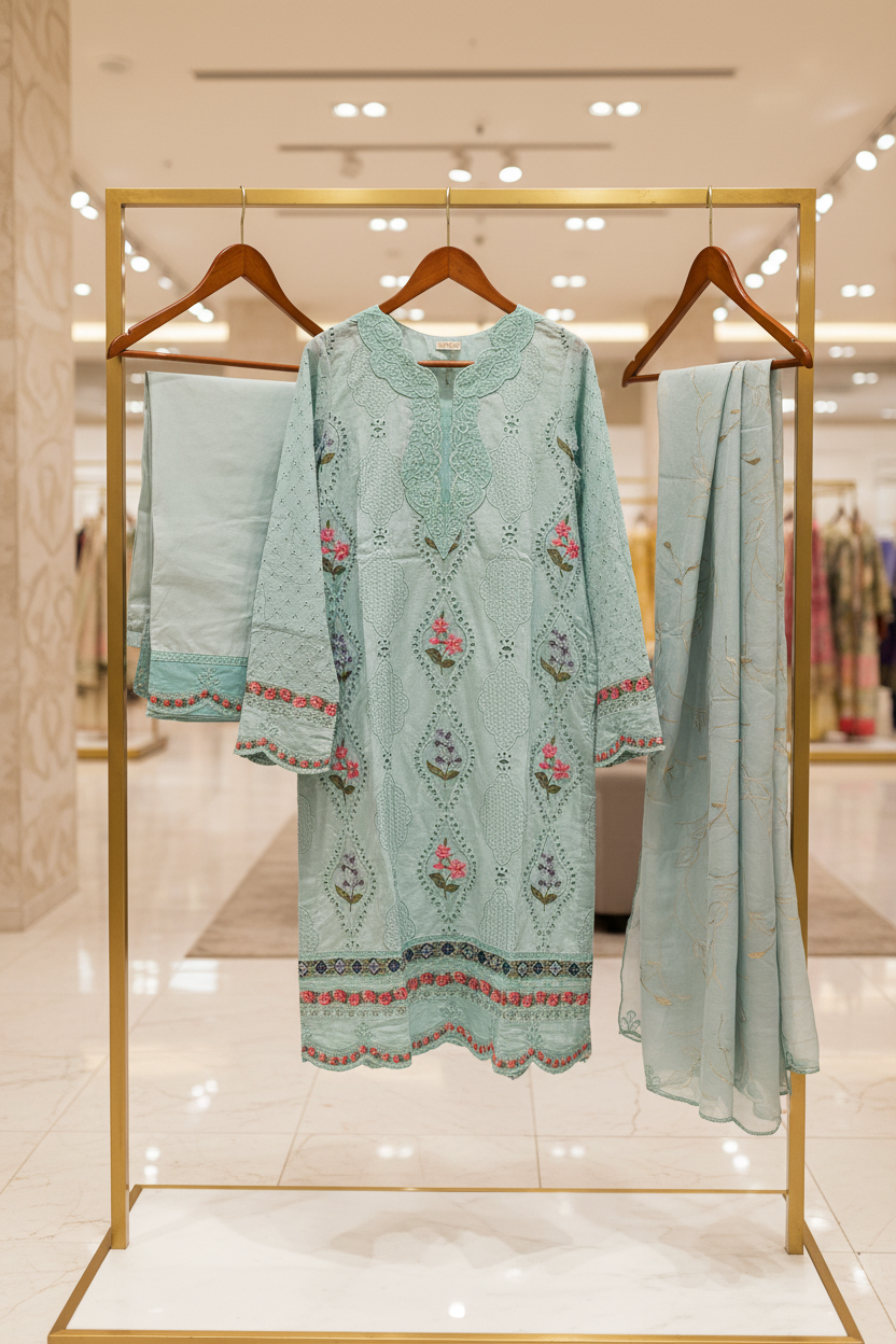 MB Zaraan | Luxury Pakistani Linen Embroidered Shalwar Kameez | Charcoal Grey, Smoky Indigo & Pastel Aqua Green | Schiffli Embroidery & Laser-Cut Craftsmanship | Elegant Occasion Wear