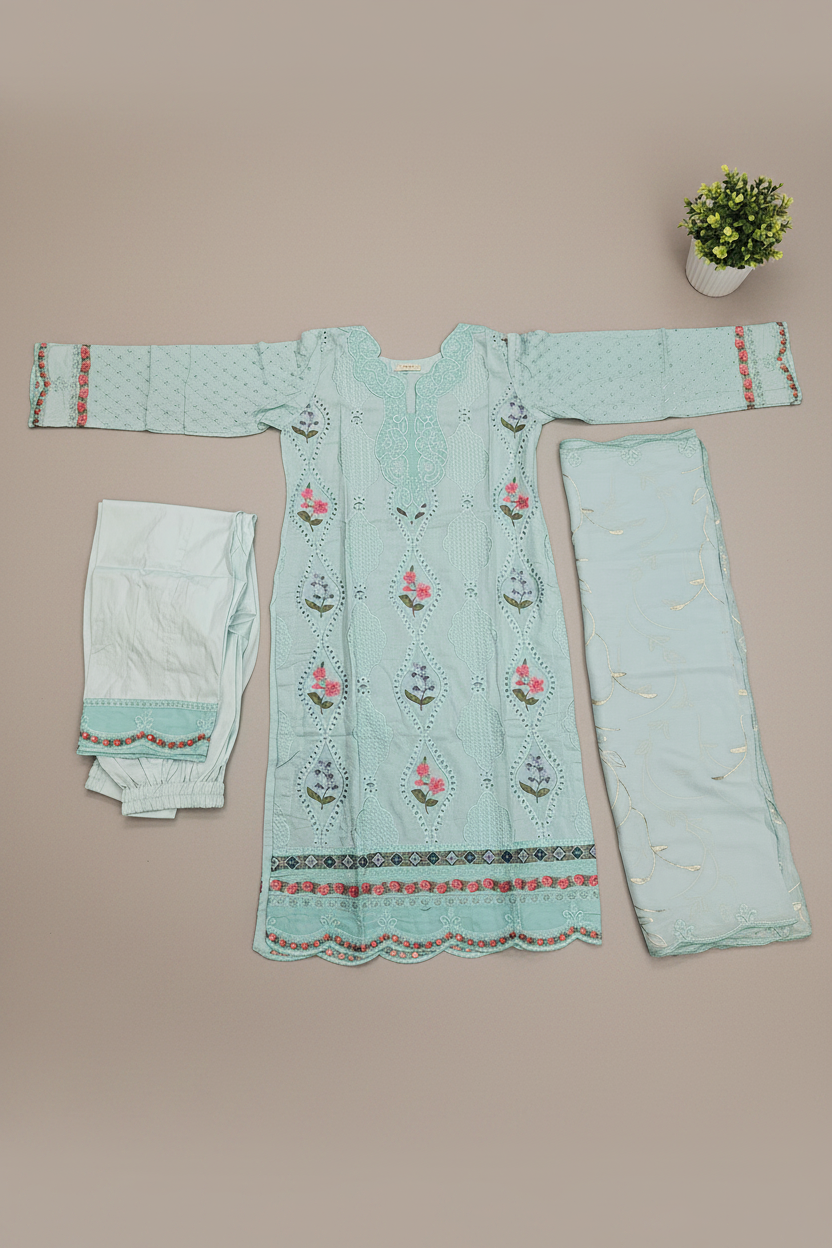 MB Zaraan | Luxury Pakistani Linen Embroidered Shalwar Kameez | Charcoal Grey, Smoky Indigo & Pastel Aqua Green | Schiffli Embroidery & Laser-Cut Craftsmanship | Elegant Occasion Wear