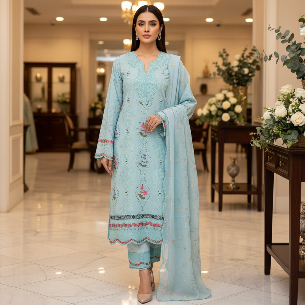 MB Zaraan | Luxury Pakistani Linen Embroidered Shalwar Kameez | Charcoal Grey, Smoky Indigo & Pastel Aqua Green | Schiffli Embroidery & Laser-Cut Craftsmanship | Elegant Occasion Wear