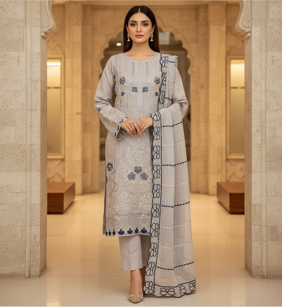 MB Grey Luxury Embroidered Chikan Kari Shalwar Kameez | Contrast Floral Threadwork | Everyday Formal Event Festive Wear | Sizes M to 8XL