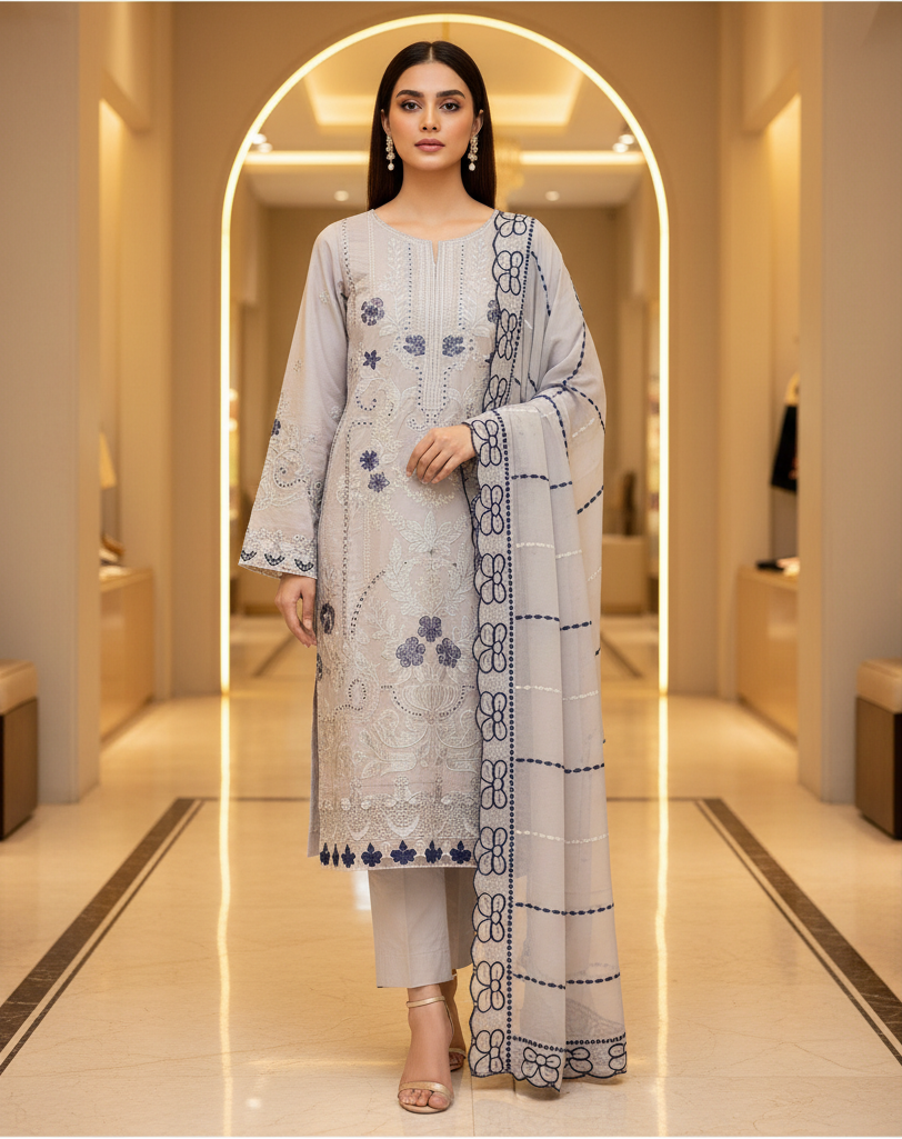 MB Grey Luxury Embroidered Chikan Kari Shalwar Kameez | Contrast Floral Threadwork | Everyday Formal Event Festive Wear | Sizes M to 8XL