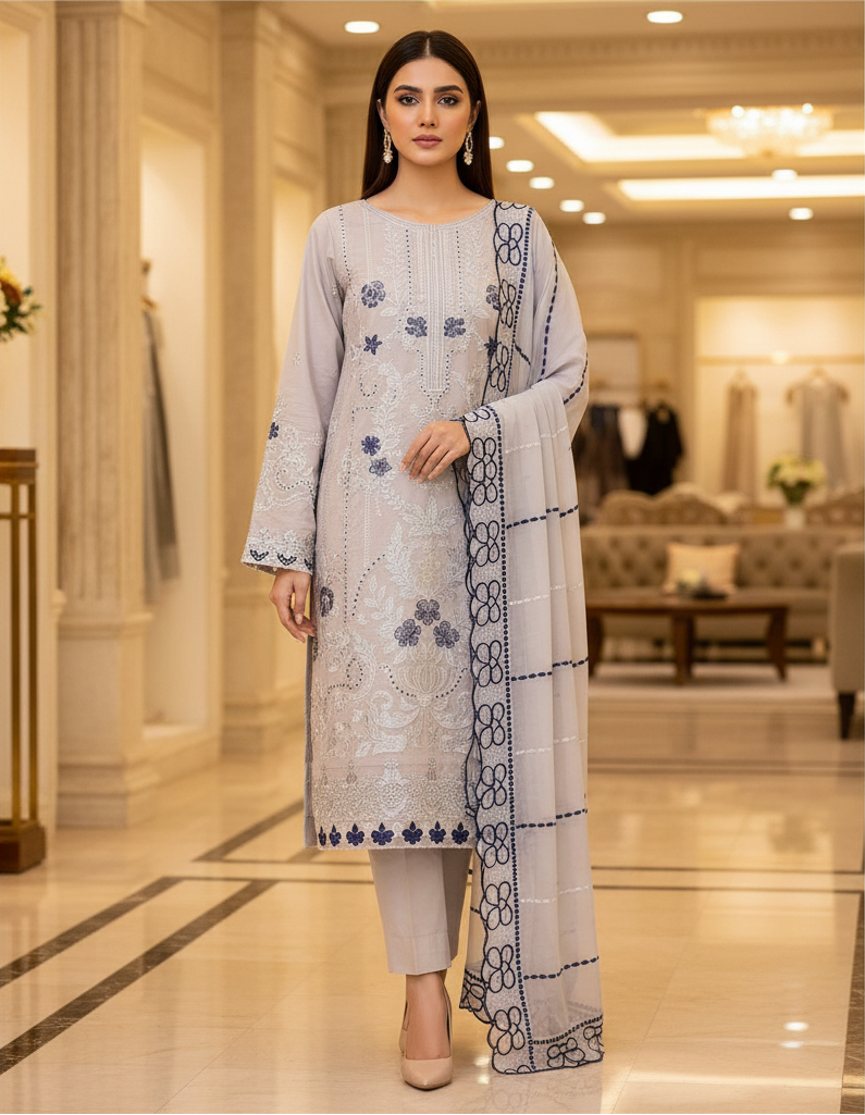 MB Grey Luxury Embroidered Chikan Kari Shalwar Kameez | Contrast Floral Threadwork | Everyday Formal Event Festive Wear | Sizes M to 8XL