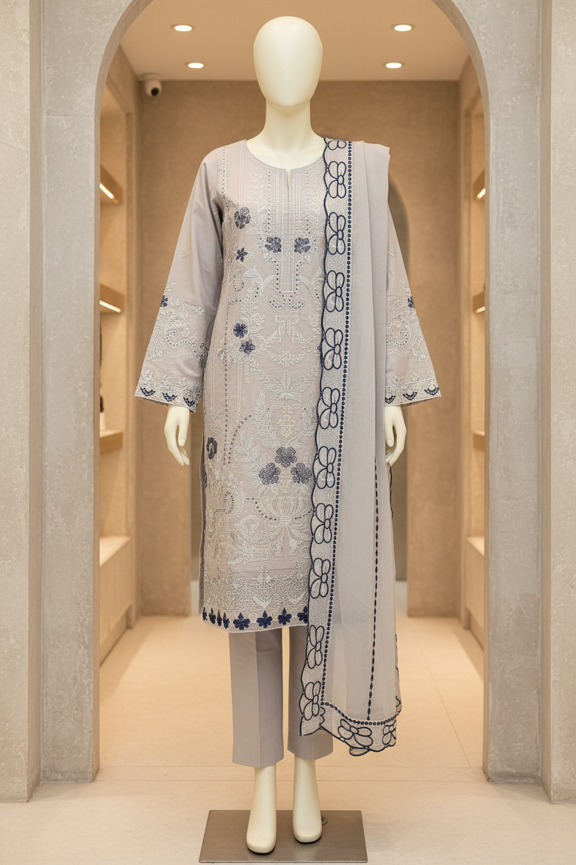 MB Grey Luxury Embroidered Chikan Kari Shalwar Kameez | Contrast Floral Threadwork | Everyday Formal Event Festive Wear | Sizes M to 8XL