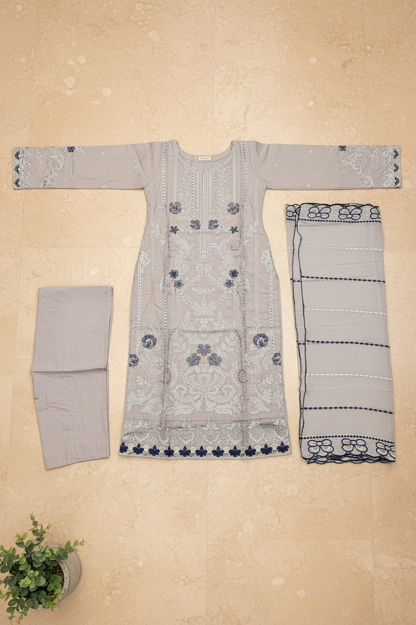 MB Grey Luxury Embroidered Chikan Kari Shalwar Kameez | Contrast Floral Threadwork | Everyday Formal Event Festive Wear | Sizes M to 8XL