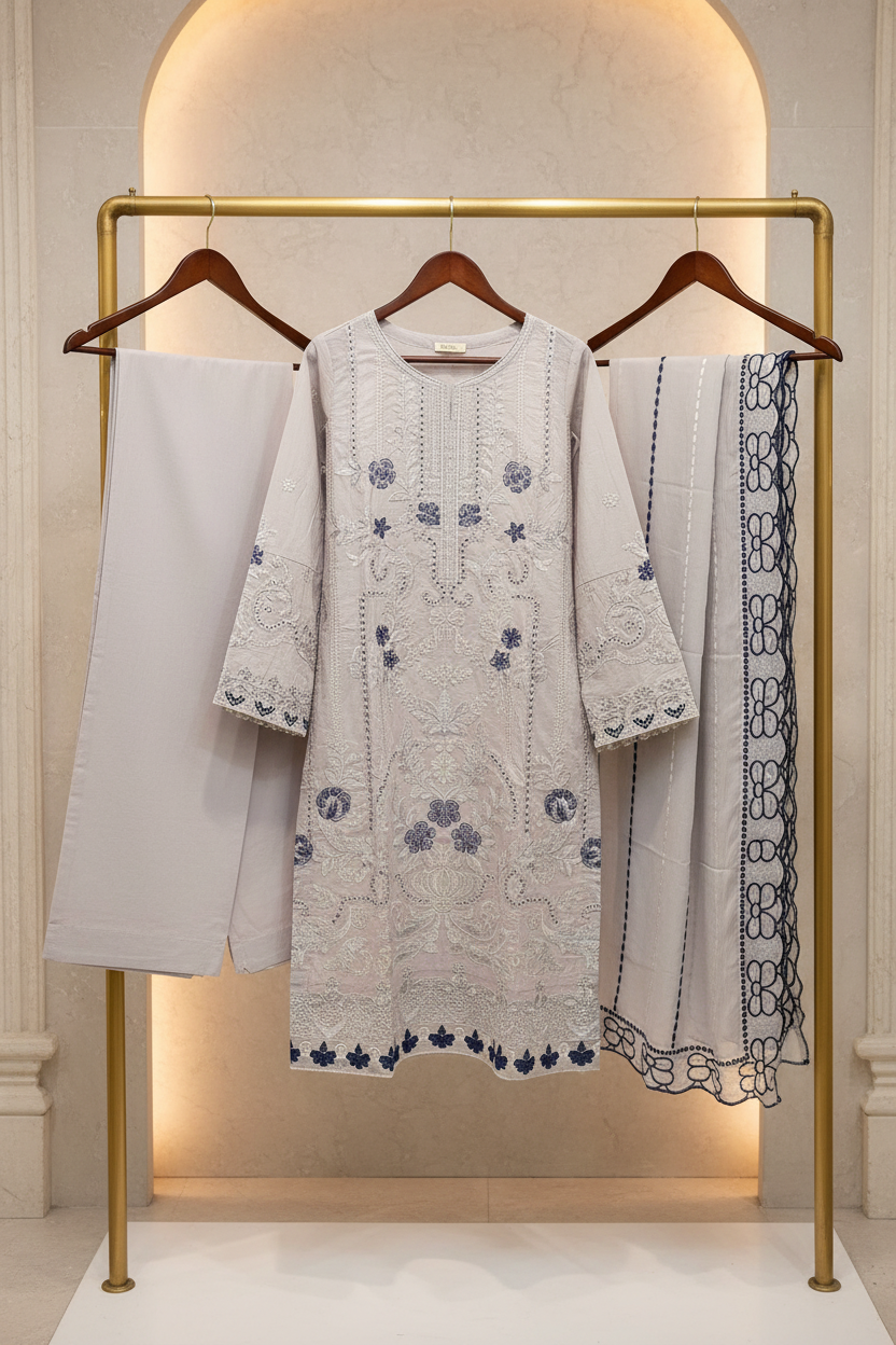 MB Grey Luxury Embroidered Chikan Kari Shalwar Kameez | Contrast Floral Threadwork | Everyday Formal Event Festive Wear | Sizes M to 8XL