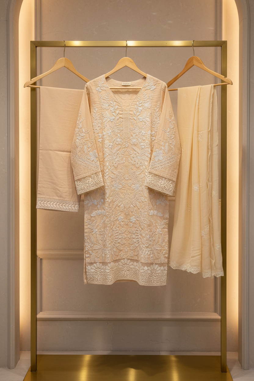 BRQ Beige Luxury Embroidered Shalwar Kameez for Women | Wedding Party Formal Wear | Heavy Threadwork & Chiffon Dupatta | Sizes M to 8XL