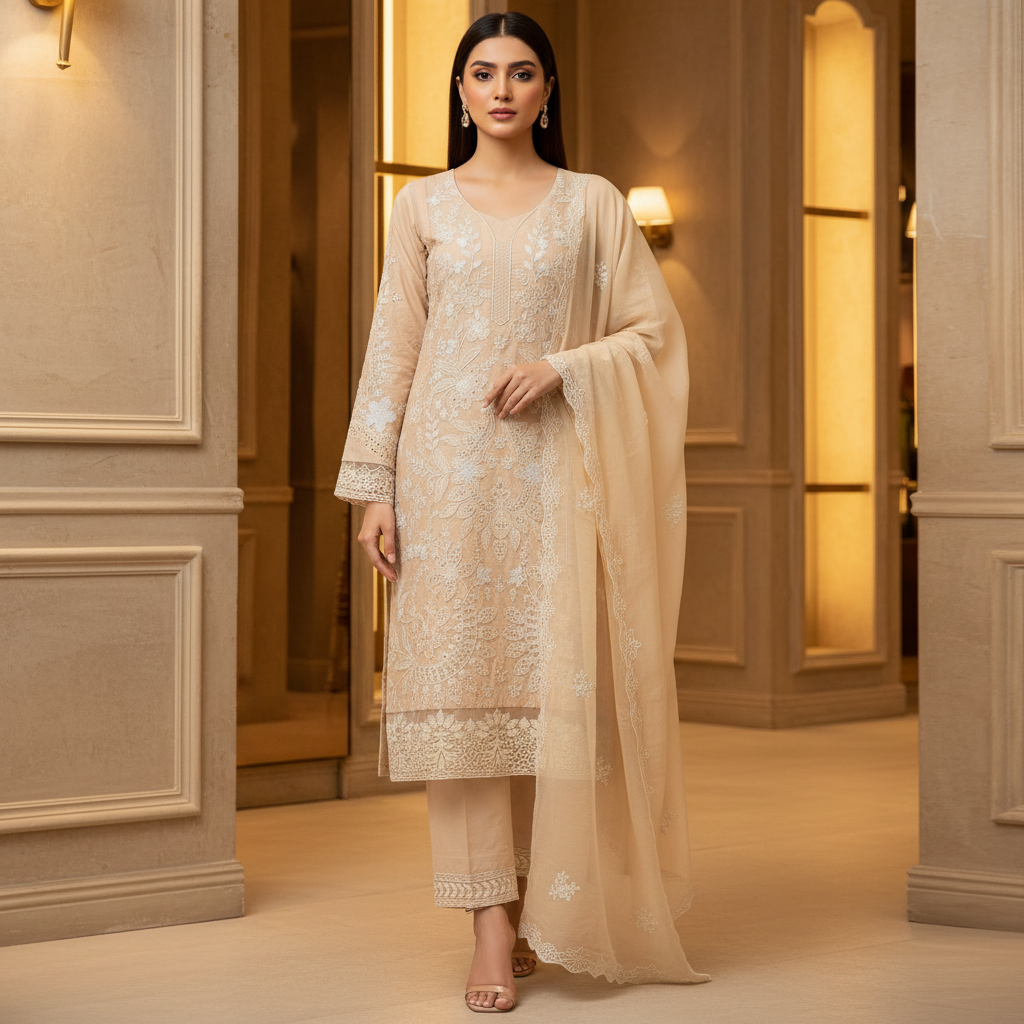 BRQ Beige Luxury Embroidered Shalwar Kameez for Women | Wedding Party Formal Wear | Heavy Threadwork & Chiffon Dupatta | Sizes M to 8XL