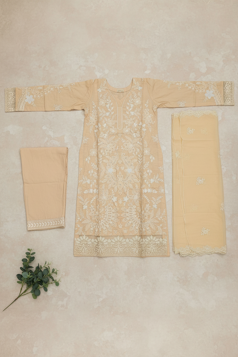 BRQ Beige Luxury Embroidered Shalwar Kameez for Women | Wedding Party Formal Wear | Heavy Threadwork & Chiffon Dupatta | Sizes M to 8XL
