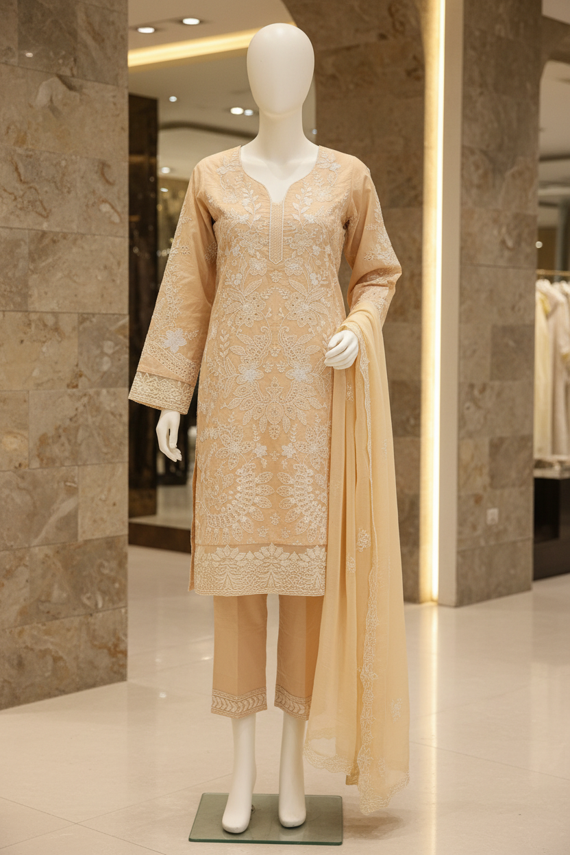 BRQ Beige Luxury Embroidered Shalwar Kameez for Women | Wedding Party Formal Wear | Heavy Threadwork & Chiffon Dupatta | Sizes M to 8XL