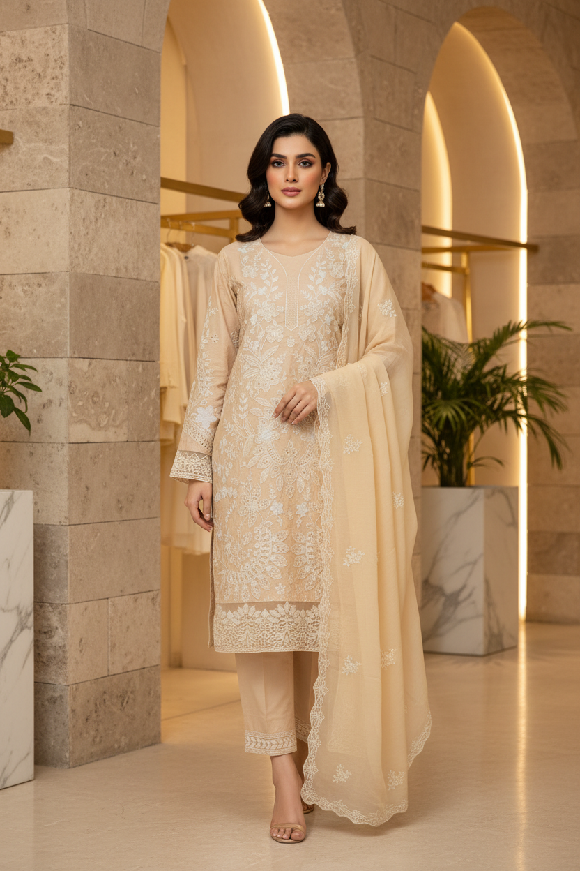 BRQ Beige Luxury Embroidered Shalwar Kameez for Women | Wedding Party Formal Wear | Heavy Threadwork & Chiffon Dupatta | Sizes M to 8XL