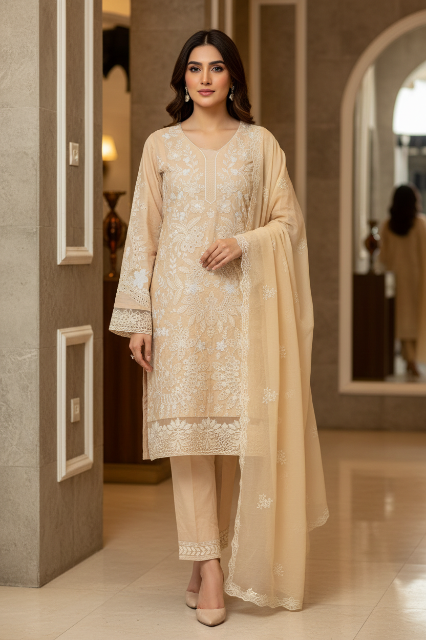 BRQ Beige Luxury Embroidered Shalwar Kameez for Women | Wedding Party Formal Wear | Heavy Threadwork & Chiffon Dupatta | Sizes M to 8XL