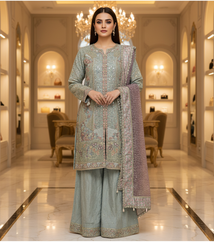 ELF Dusty Sage Green Mirror Work Luxury Suit | Front Open Design | Crystal & Sequin Embellishment | Wedding Guest Ensemble