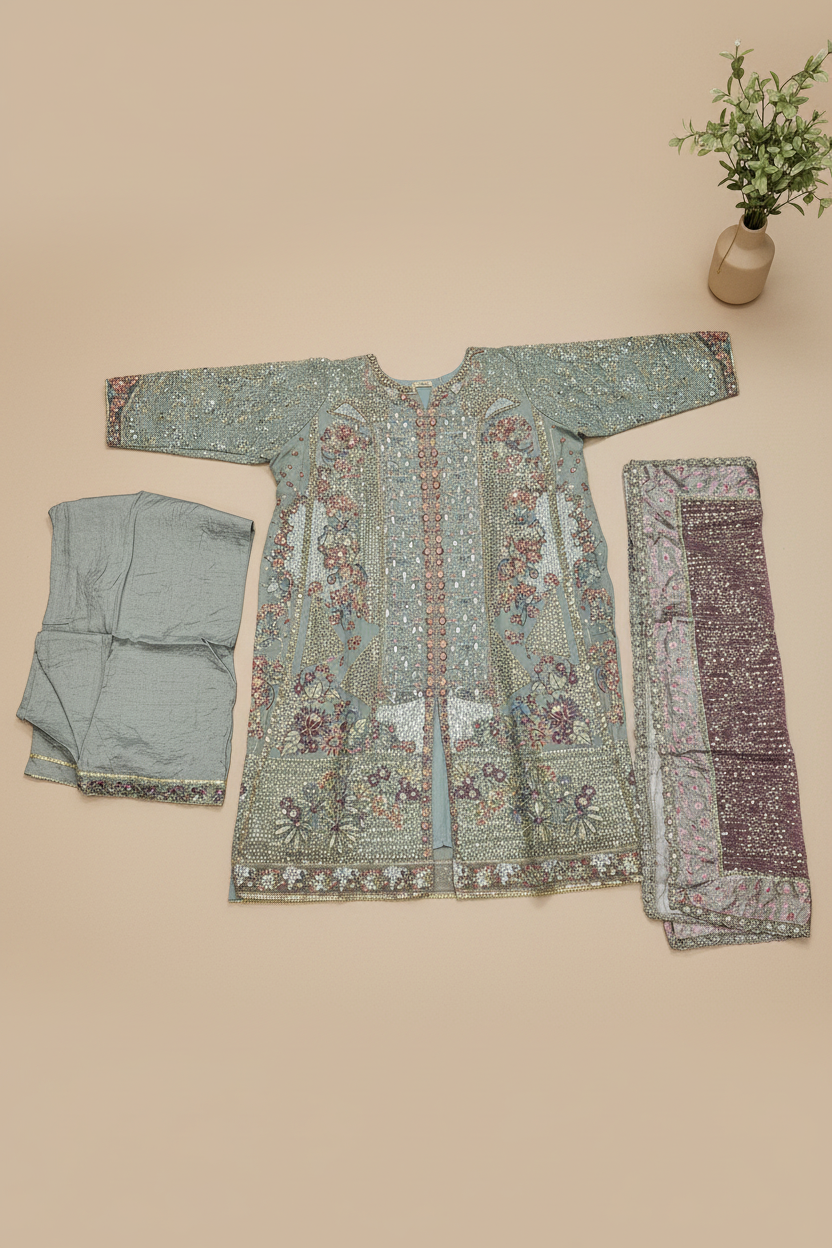 ELF Dusty Sage Green Mirror Work Luxury Suit | Front Open Design | Crystal & Sequin Embellishment | Wedding Guest Ensemble
