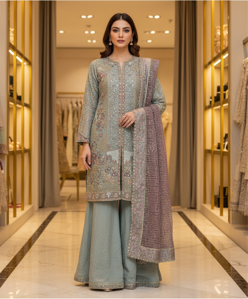 ELF Dusty Sage Green Mirror Work Luxury Suit | Front Open Design | Crystal & Sequin Embellishment | Wedding Guest Ensemble