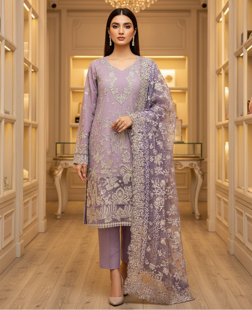 ELF The Lavender Whisper – Soft Chiffon, Raw Silk & Embroidered Grace | Thread, Sequins & Embellishment – Balanced Elegance