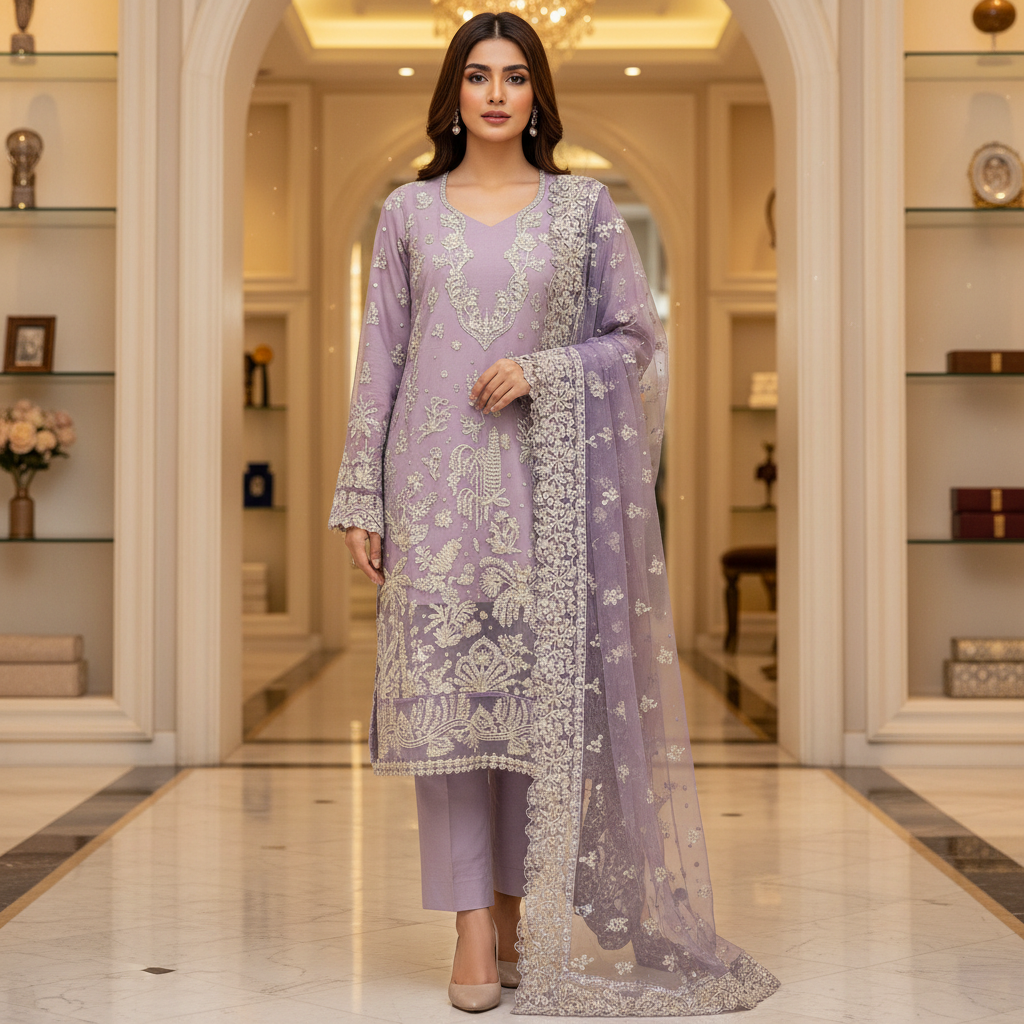 ELF The Lavender Whisper – Soft Chiffon, Raw Silk & Embroidered Grace | Thread, Sequins & Embellishment – Balanced Elegance