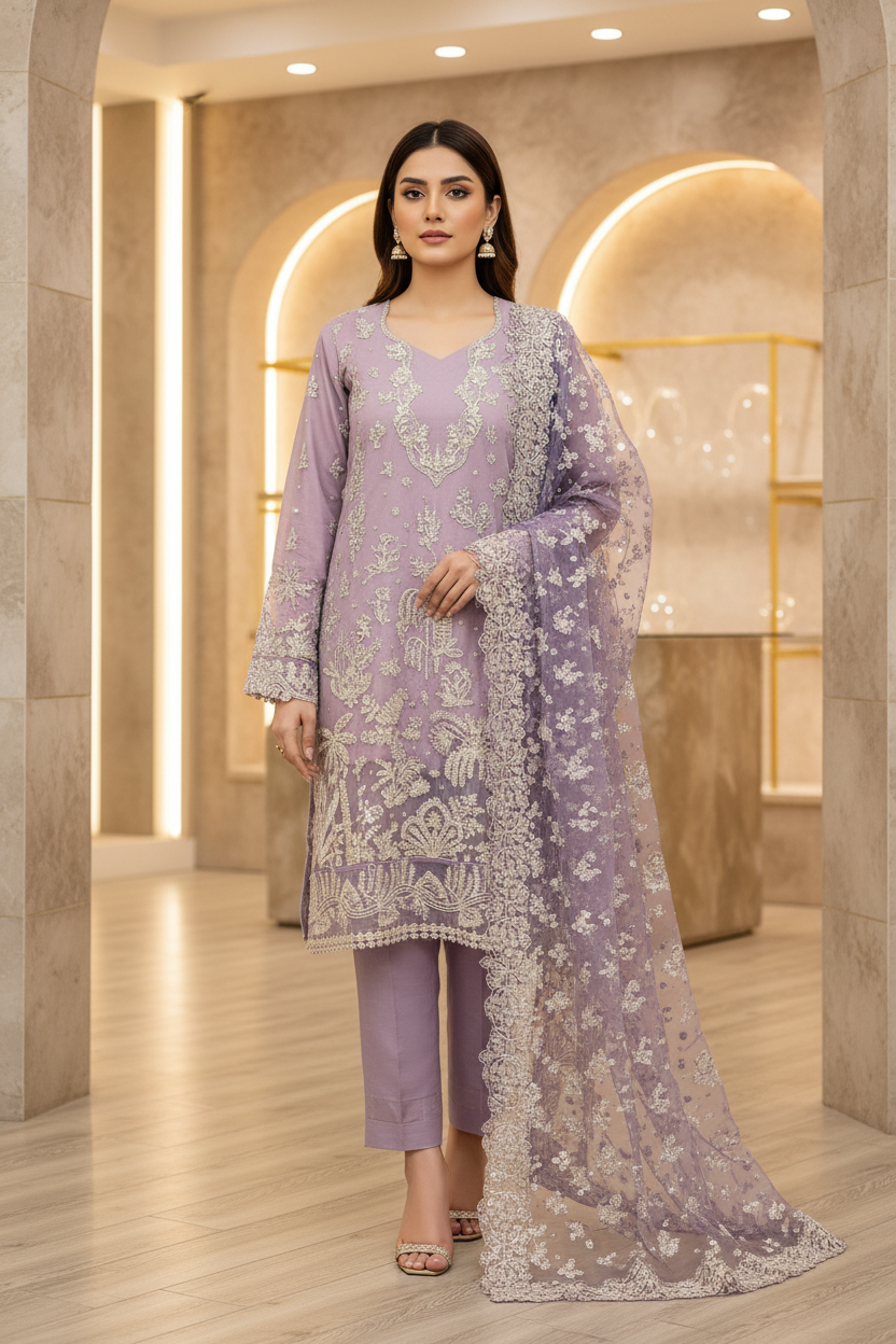 ELF The Lavender Whisper – Soft Chiffon, Raw Silk & Embroidered Grace | Thread, Sequins & Embellishment – Balanced Elegance