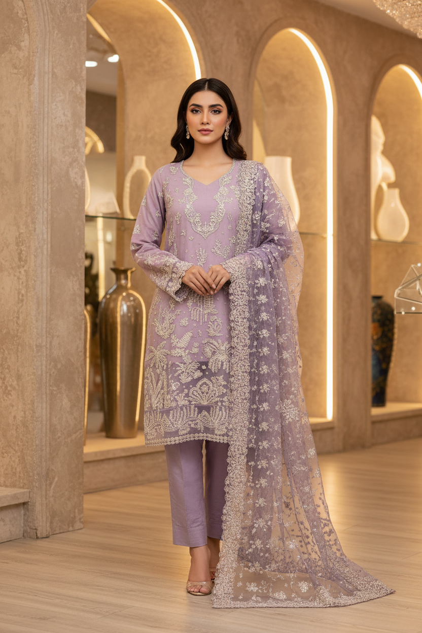 ELF The Lavender Whisper – Soft Chiffon, Raw Silk & Embroidered Grace | Thread, Sequins & Embellishment – Balanced Elegance