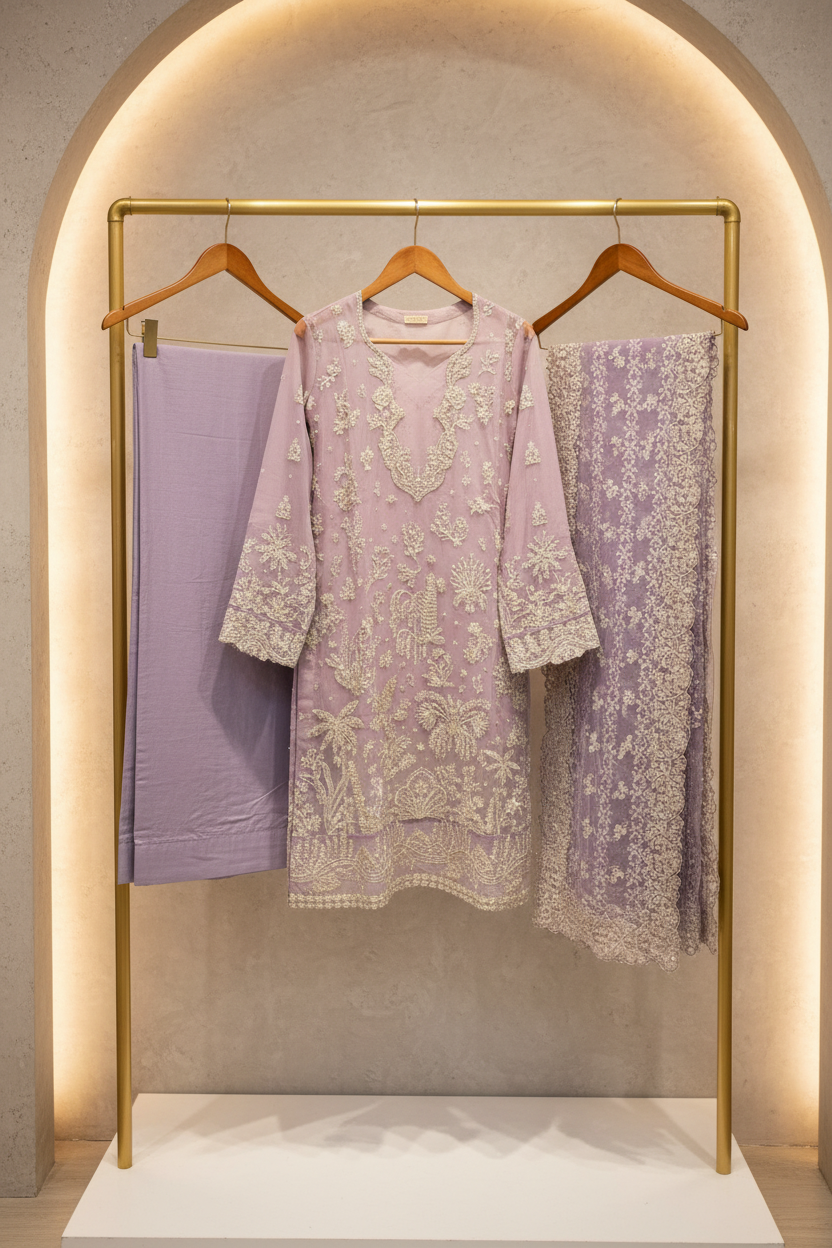 ELF The Lavender Whisper – Soft Chiffon, Raw Silk & Embroidered Grace | Thread, Sequins & Embellishment – Balanced Elegance