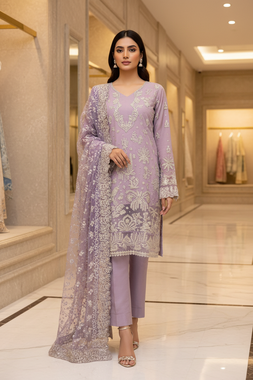 ELF The Lavender Whisper – Soft Chiffon, Raw Silk & Embroidered Grace | Thread, Sequins & Embellishment – Balanced Elegance