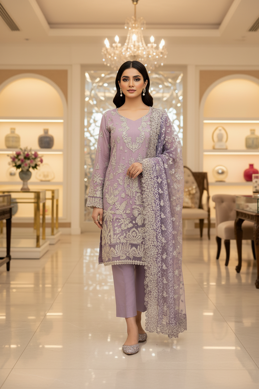 ELF The Lavender Whisper – Soft Chiffon, Raw Silk & Embroidered Grace | Thread, Sequins & Embellishment – Balanced Elegance