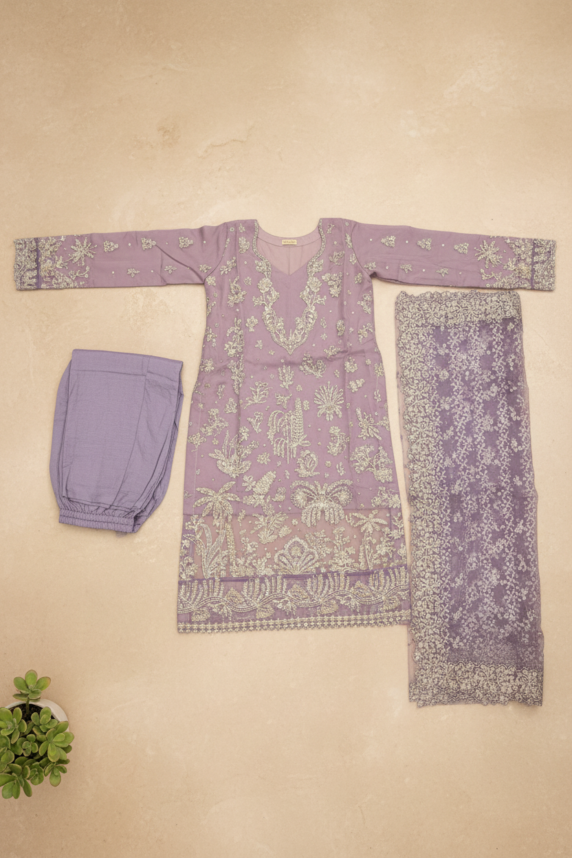 ELF The Lavender Whisper – Soft Chiffon, Raw Silk & Embroidered Grace | Thread, Sequins & Embellishment – Balanced Elegance