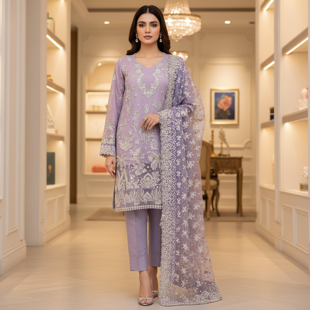 ELF The Lavender Whisper – Soft Chiffon, Raw Silk & Embroidered Grace | Thread, Sequins & Embellishment – Balanced Elegance