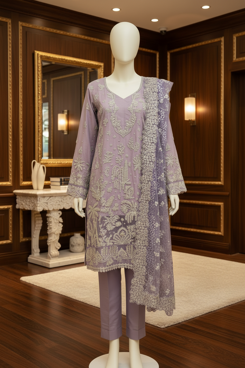 ELF The Lavender Whisper – Soft Chiffon, Raw Silk & Embroidered Grace | Thread, Sequins & Embellishment – Balanced Elegance