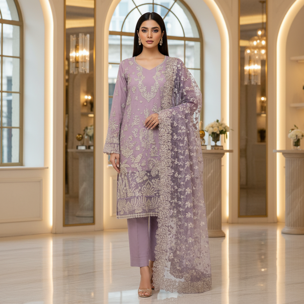 ELF The Lavender Whisper – Soft Chiffon, Raw Silk & Embroidered Grace | Thread, Sequins & Embellishment – Balanced Elegance