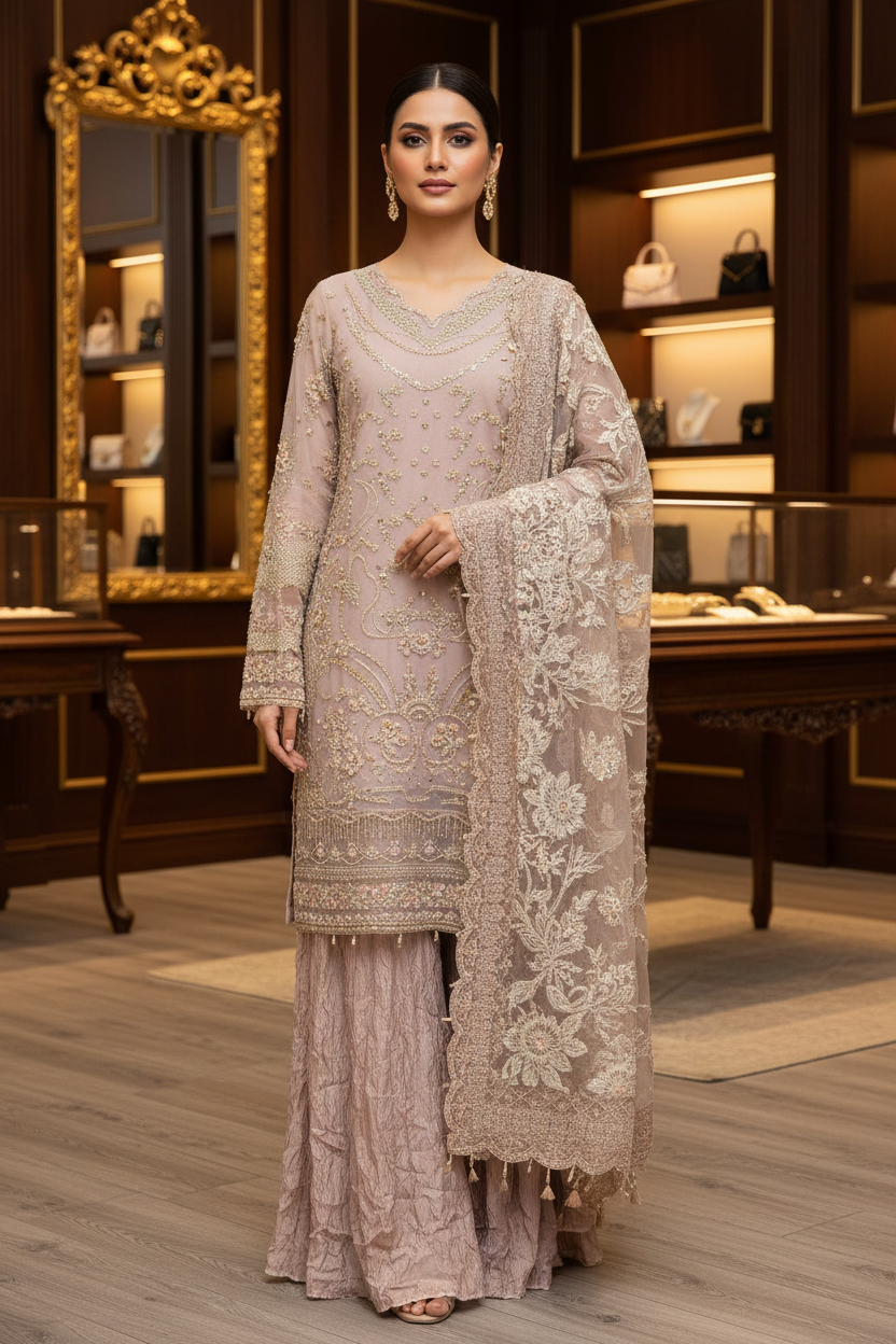 FZS The Rose Beige Opulence – Crystal, Sequin, Pearl & Mirror Work on Straight Kameez | Net Dupatta with Floral Borders | Crushed Texture Palazzo | Formal Festive Wear
