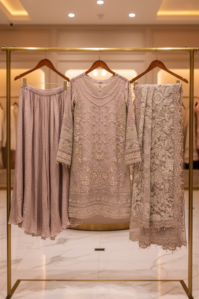 FZS The Rose Beige Opulence – Crystal, Sequin, Pearl & Mirror Work on Straight Kameez | Net Dupatta with Floral Borders | Crushed Texture Palazzo | Formal Festive Wear