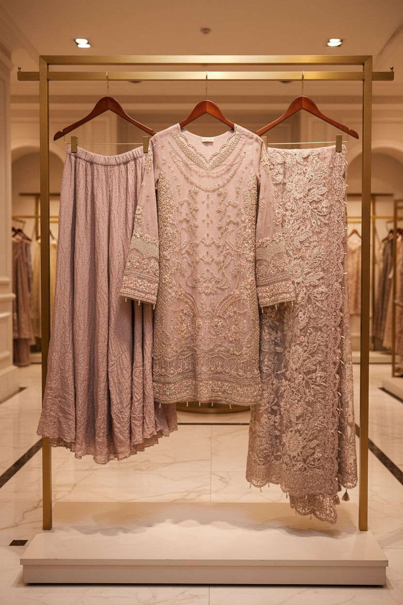 FZS The Rose Beige Opulence – Crystal, Sequin, Pearl & Mirror Work on Straight Kameez | Net Dupatta with Floral Borders | Crushed Texture Palazzo | Formal Festive Wear