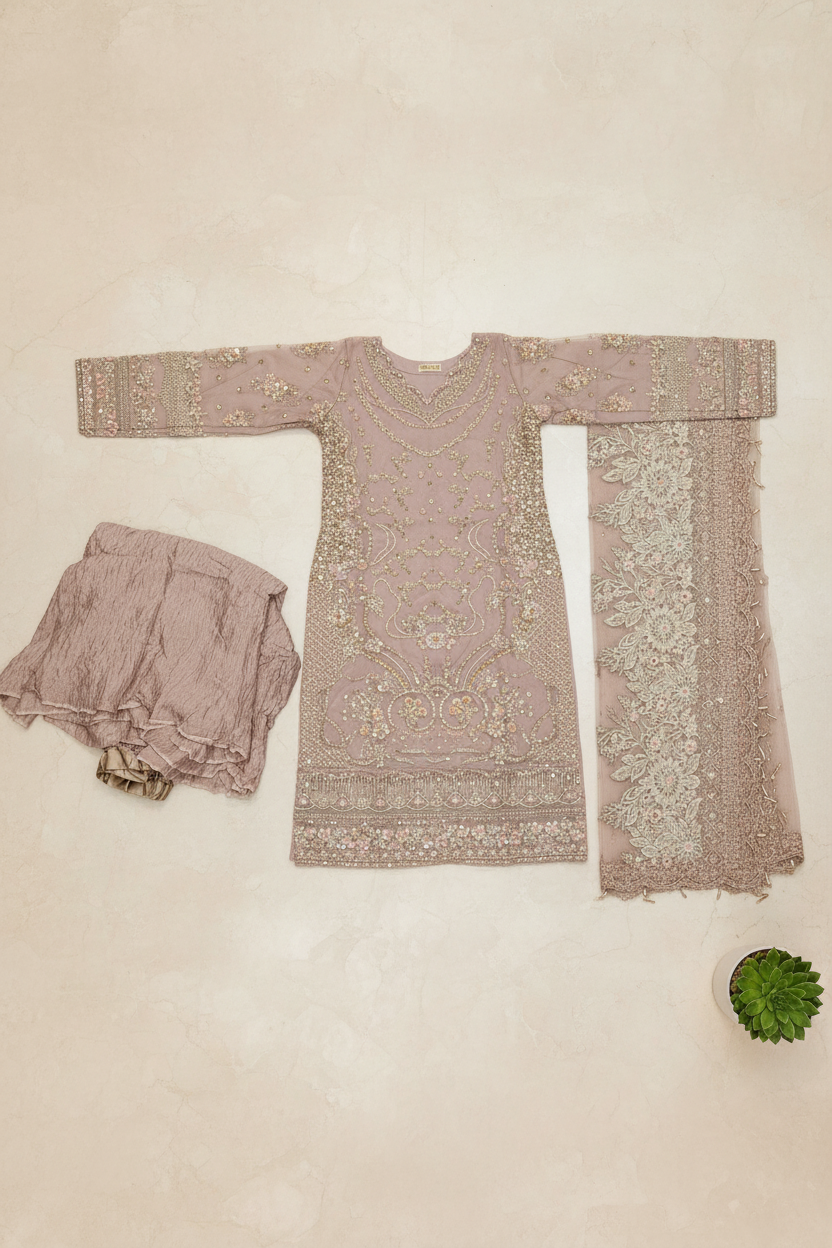 FZS The Rose Beige Opulence – Crystal, Sequin, Pearl & Mirror Work on Straight Kameez | Net Dupatta with Floral Borders | Crushed Texture Palazzo | Formal Festive Wear