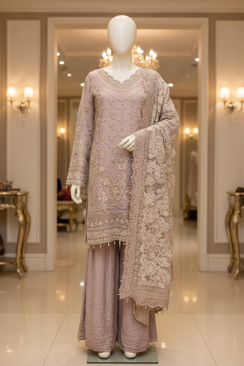 FZS The Rose Beige Opulence – Crystal, Sequin, Pearl & Mirror Work on Straight Kameez | Net Dupatta with Floral Borders | Crushed Texture Palazzo | Formal Festive Wear