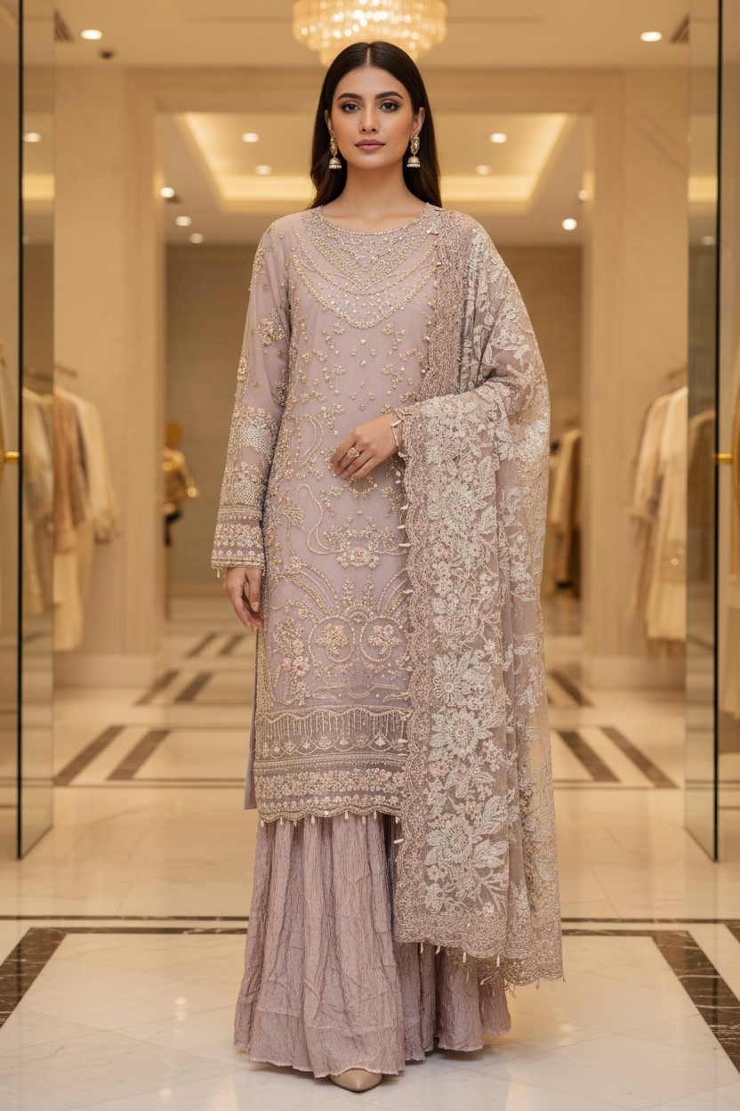 FZS The Rose Beige Opulence – Crystal, Sequin, Pearl & Mirror Work on Straight Kameez | Net Dupatta with Floral Borders | Crushed Texture Palazzo | Formal Festive Wear