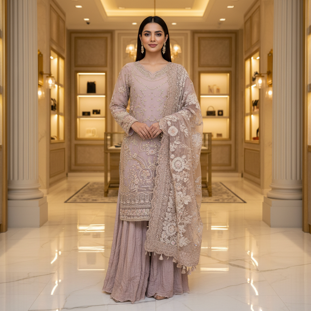 FZS The Rose Beige Opulence – Crystal, Sequin, Pearl & Mirror Work on Straight Kameez | Net Dupatta with Floral Borders | Crushed Texture Palazzo | Formal Festive Wear