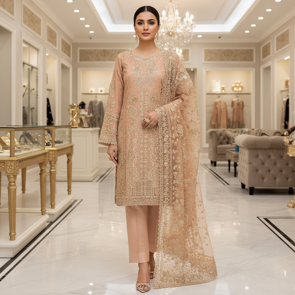 ELF Crystal‑Style Accents, Beads & Sequins – Detailed Handwork on Soft Peach Apricot Suit | From Ceremony to Reception – One Opulent Suit for All Grand Celebrations