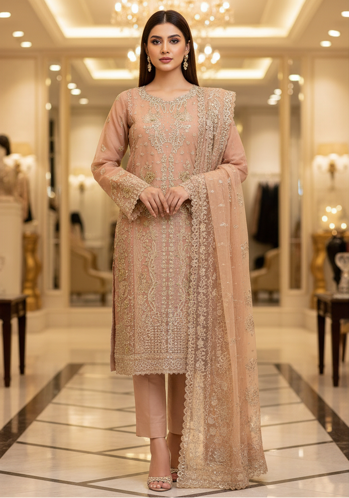 ELF Crystal‑Style Accents, Beads & Sequins – Detailed Handwork on Soft Peach Apricot Suit | From Ceremony to Reception – One Opulent Suit for All Grand Celebrations