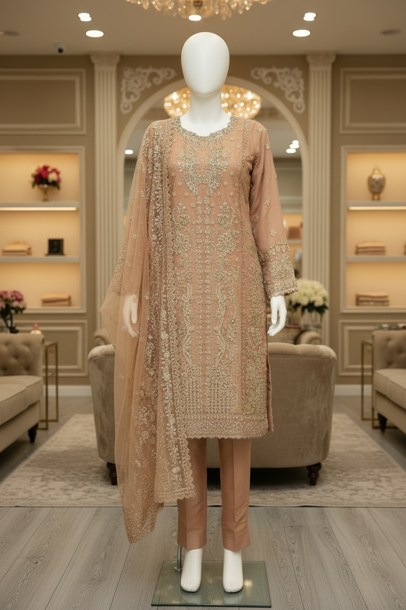 ELF Crystal‑Style Accents, Beads & Sequins – Detailed Handwork on Soft Peach Apricot Suit | From Ceremony to Reception – One Opulent Suit for All Grand Celebrations