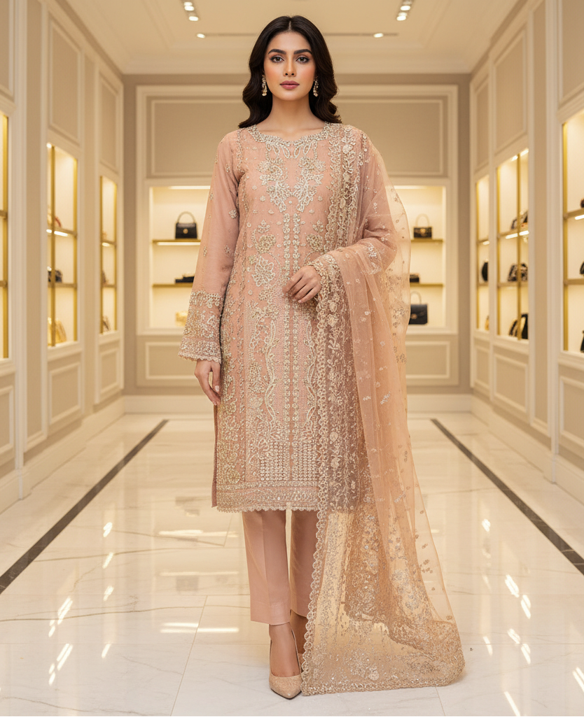 ELF Crystal‑Style Accents, Beads & Sequins – Detailed Handwork on Soft Peach Apricot Suit | From Ceremony to Reception – One Opulent Suit for All Grand Celebrations