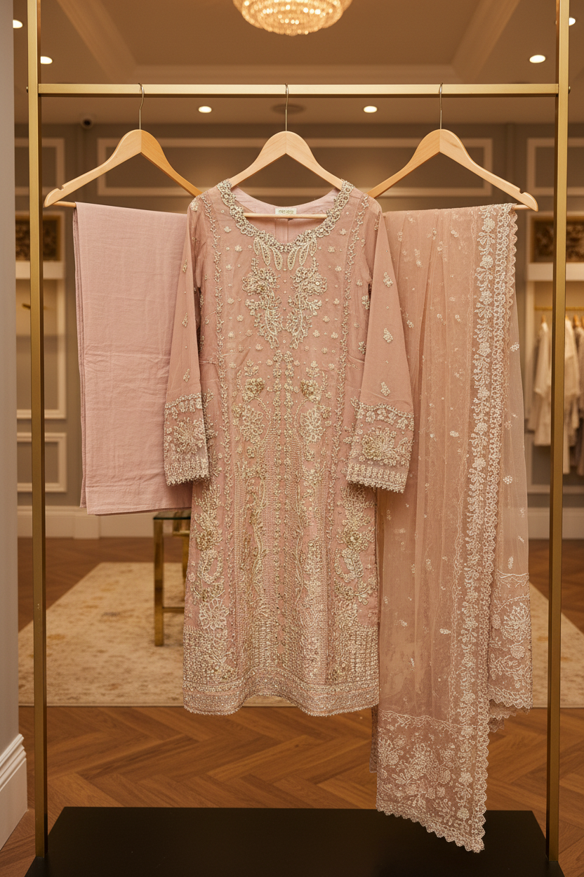 ELF Crystal‑Style Accents, Beads & Sequins – Detailed Handwork on Soft Peach Apricot Suit | From Ceremony to Reception – One Opulent Suit for All Grand Celebrations