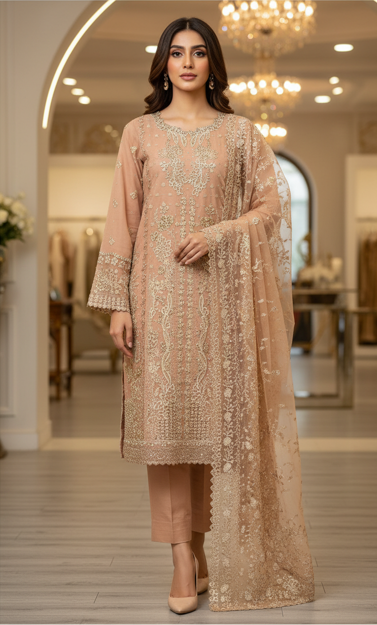 ELF Crystal‑Style Accents, Beads & Sequins – Detailed Handwork on Soft Peach Apricot Suit | From Ceremony to Reception – One Opulent Suit for All Grand Celebrations